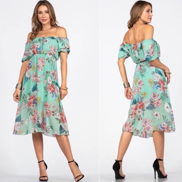 (54)🌷New Sage Mint Floral Off The Shoulder Cute Spring Summer Midi Dress🌷 - Picture 3 of 3